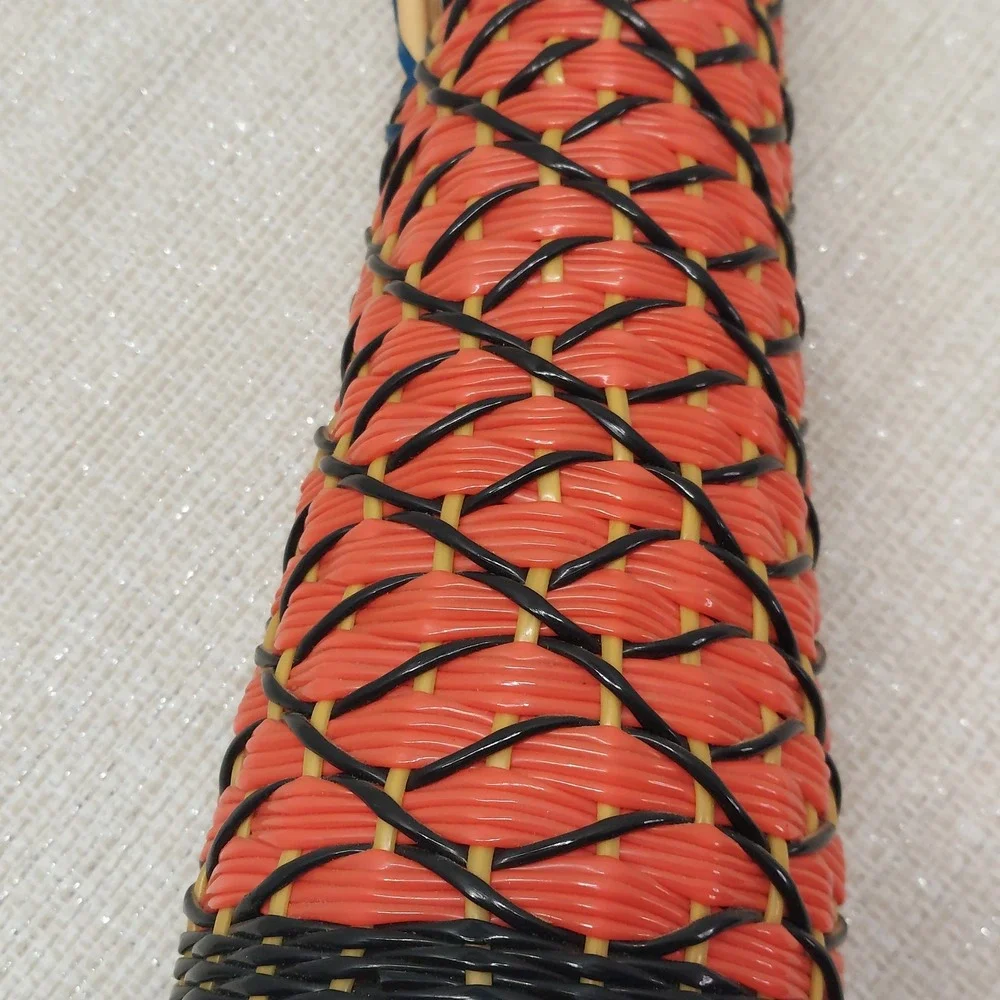 Vintage Woven Wrapped Amber Glass Decanter Bottle Orange Black Tiki Mid Century